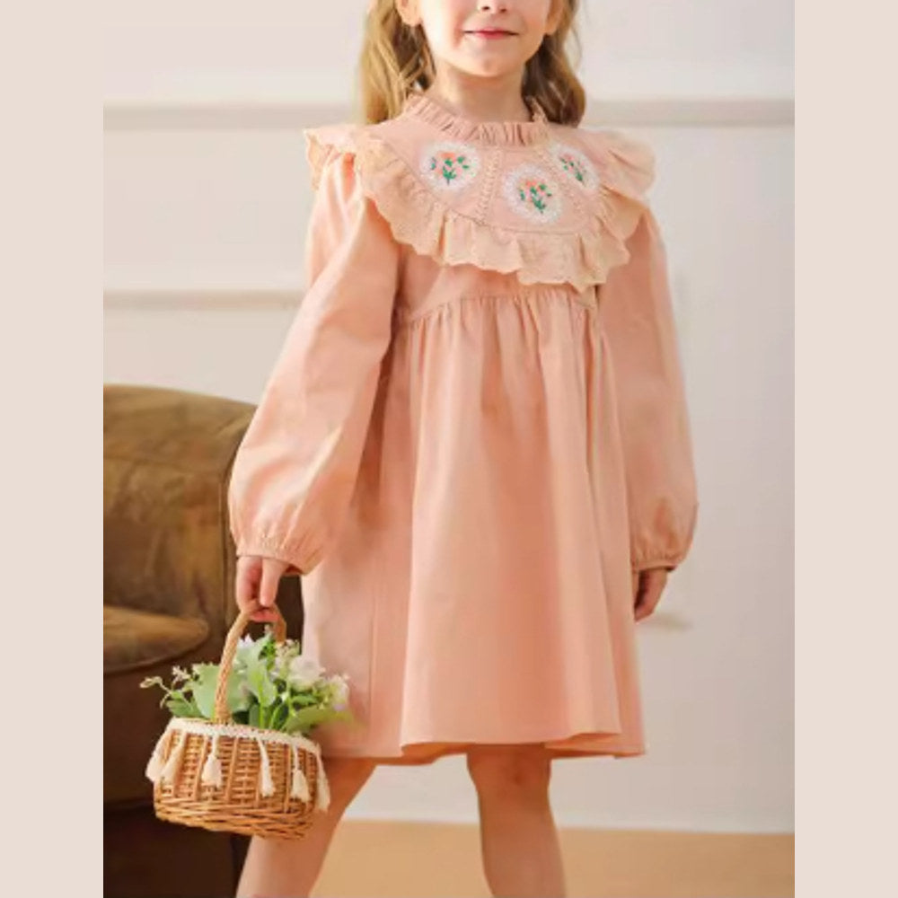MyKids-USA® Design Girls Flower Embroidery Ruffle Neck Long Sleeves French Style Dress