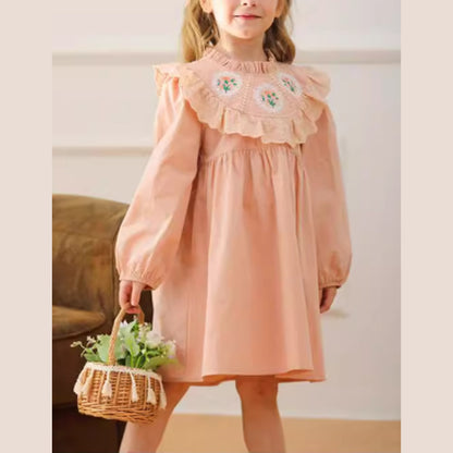 MyKids-USA® Design Girls Flower Embroidery Ruffle Neck Long Sleeves French Style Dress