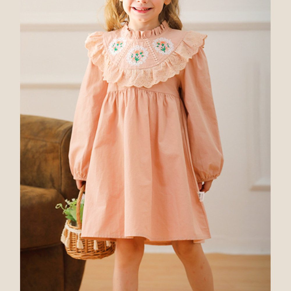 MyKids-USA® Design Girls Flower Embroidery Ruffle Neck Long Sleeves French Style Dress