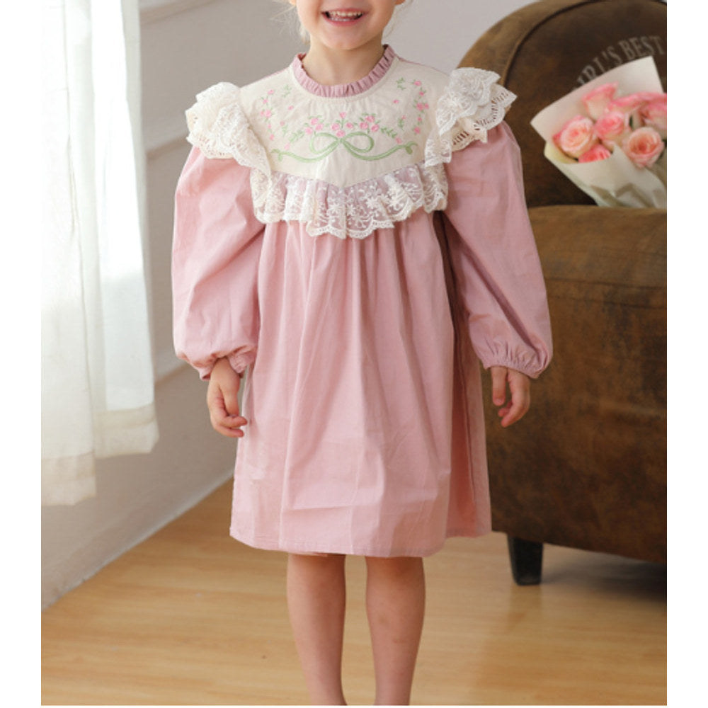 MyKids-USA® Design Girls Flowers Embroidery Pattern Long Sleeves French Style Lace Trim Dress