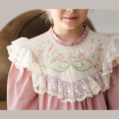 MyKids-USA® Design Girls Flowers Embroidery Pattern Long Sleeves French Style Lace Trim Dress