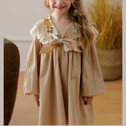 MyKids-USA® Girls Artsy Flowers Embroidery Pattern Collar Long Sleeves Stylish Dress