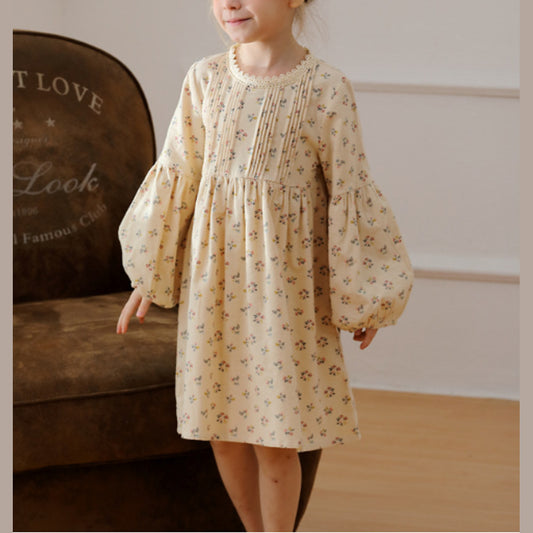 MyKids-USA® Arrival Autumn Girls Ruffle Neck Long Puff Sleeves Floral Dress