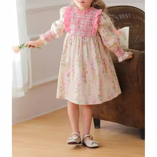 MyKids-USA® Design Autumn Girls Fashion Floral Long Puff Sleeves Ruffle Neck Dress