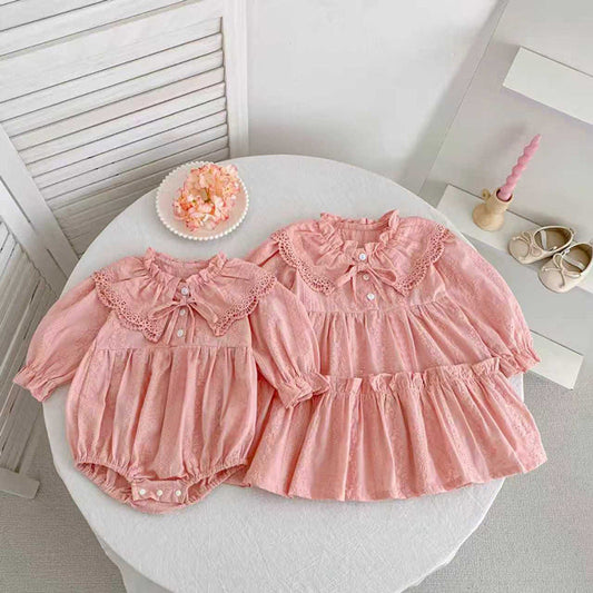 MyKids-USA® Design Autumn Floral Pattern Baby Kids Girls Bow-Tied Collar Onesies and Dress – Princess Sister Matching Set