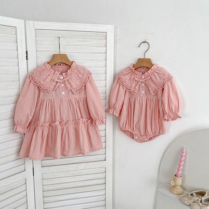 MyKids-USA® Design Autumn Floral Pattern Baby Kids Girls Bow-Tied Collar Onesies and Dress – Princess Sister Matching Set