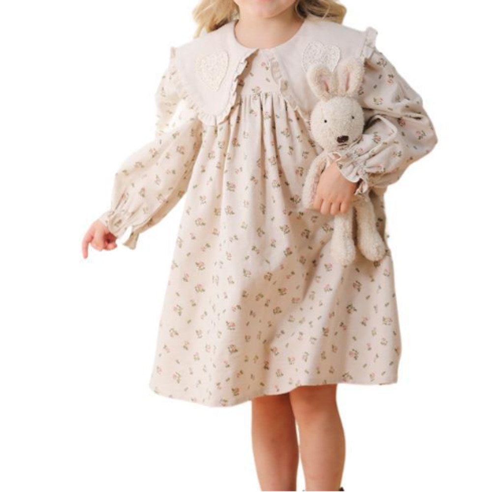 MyKids-USA® Girls Heart Embroidery Pattern Collar Long Sleeves Floral Dress