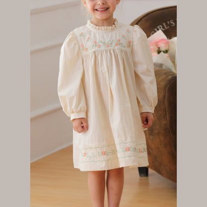 MyKids-USA® Girls Ruffle Neck Long Sleeves Flowers Embroidery Dress