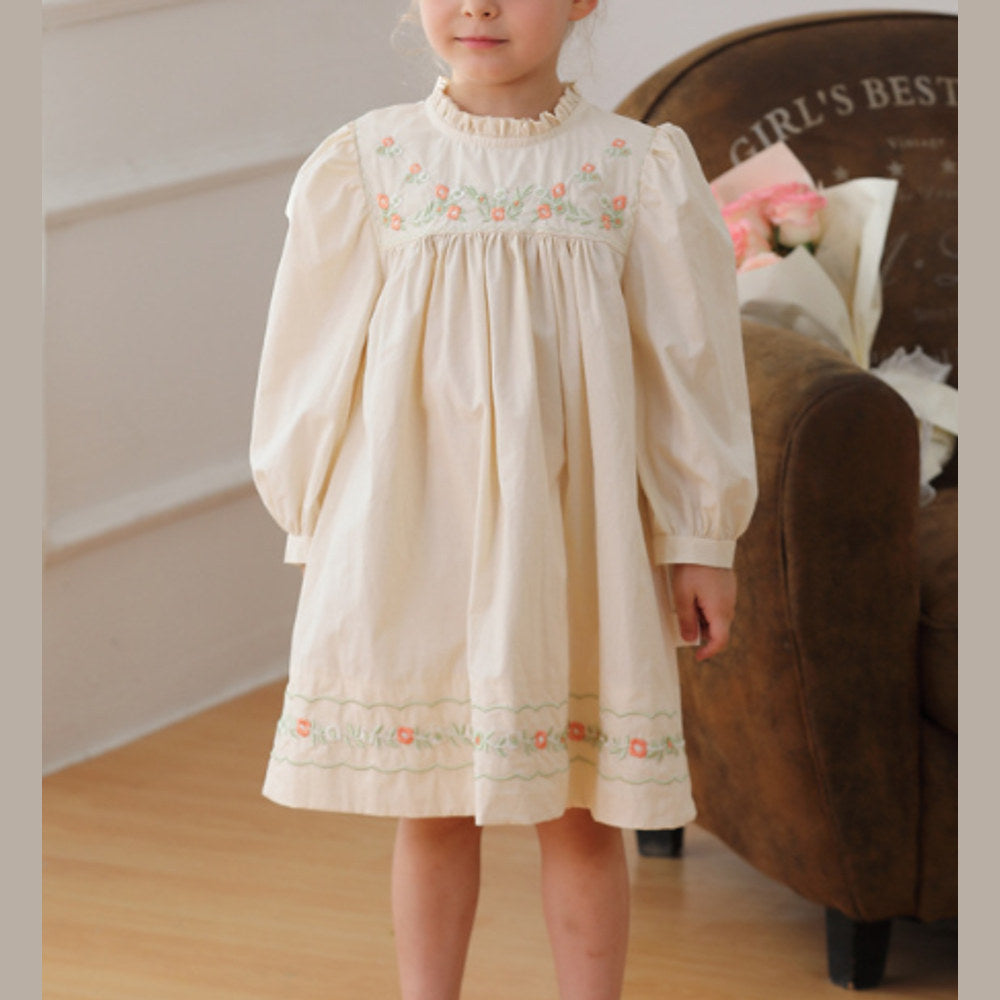 MyKids-USA® Girls Ruffle Neck Long Sleeves Flowers Embroidery Dress