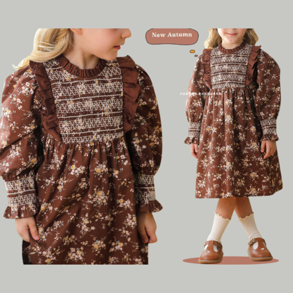 MyKids-USA® Design Girls Vintage Floral Long Puff Sleeves Ruffle Neck Dress