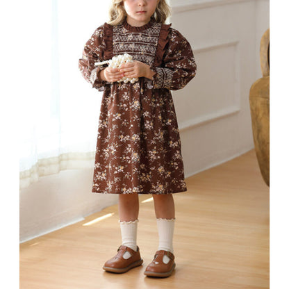 MyKids-USA® Design Girls Vintage Floral Long Puff Sleeves Ruffle Neck Dress
