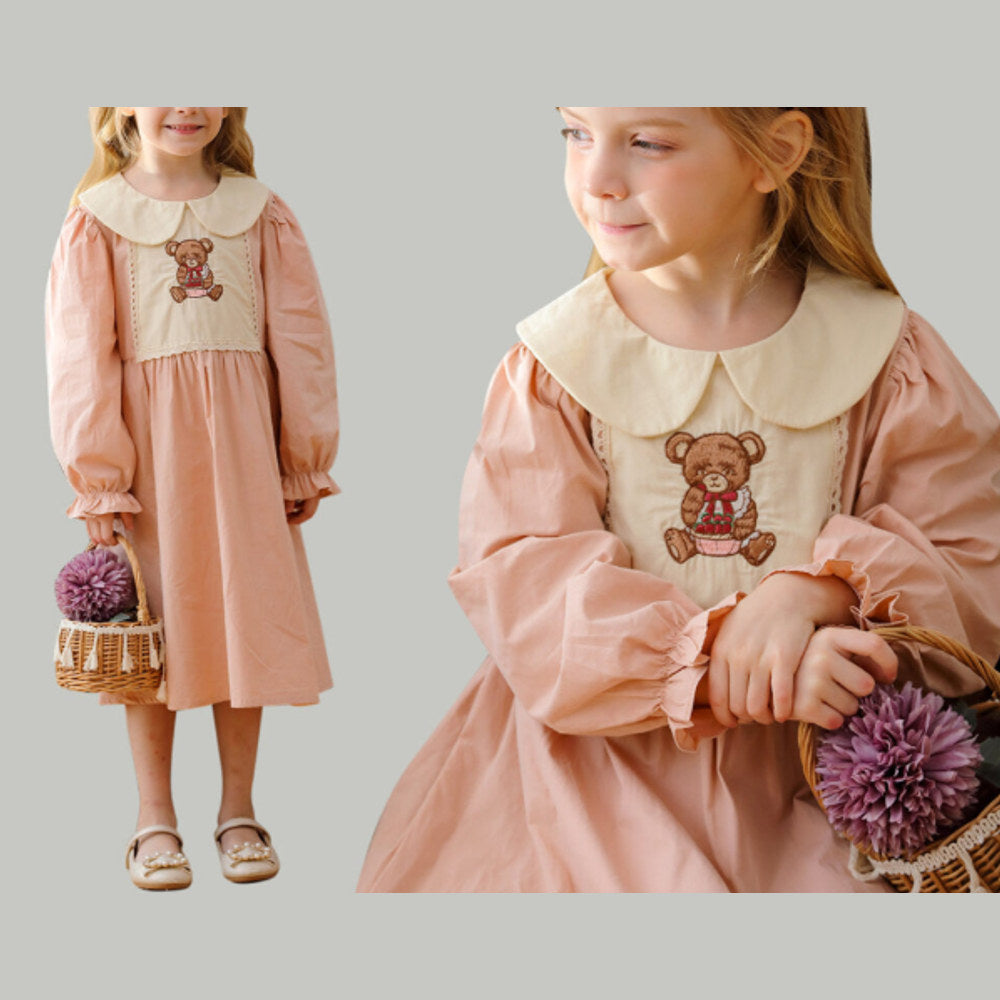 MyKids-USA® Girls Pink Long Sleeves Dress with Teddy Embroidery Pattern