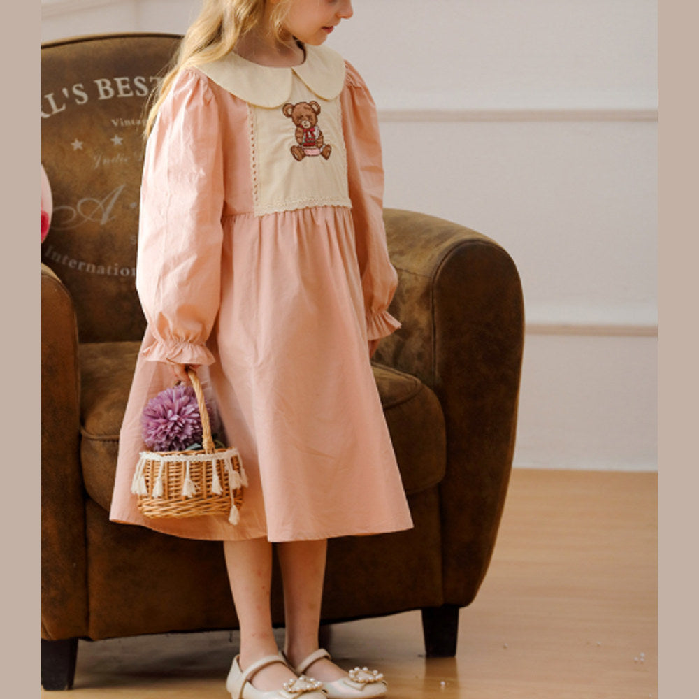 MyKids-USA® Girls Pink Long Sleeves Dress with Teddy Embroidery Pattern
