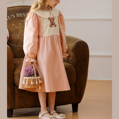 MyKids-USA® Girls Pink Long Sleeves Dress with Teddy Embroidery Pattern