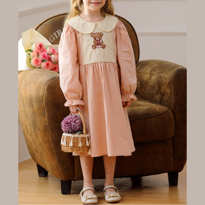 MyKids-USA® Girls Pink Long Sleeves Dress with Teddy Embroidery Pattern