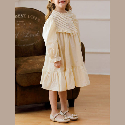 MyKids-USA® French Style Autumn Girls Flowers Embroidery Pattern Long Sleeves Pleated Dress