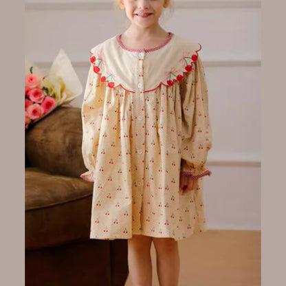 MyKids-USA® Girls Cherry Pattern Single Breasted Long Sleeves Dress with Embroidery Collar