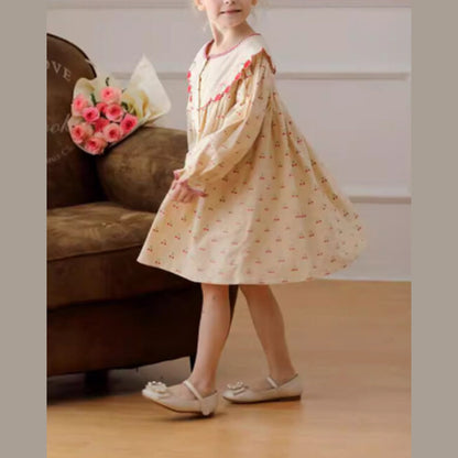 MyKids-USA® Girls Cherry Pattern Single Breasted Long Sleeves Dress with Embroidery Collar