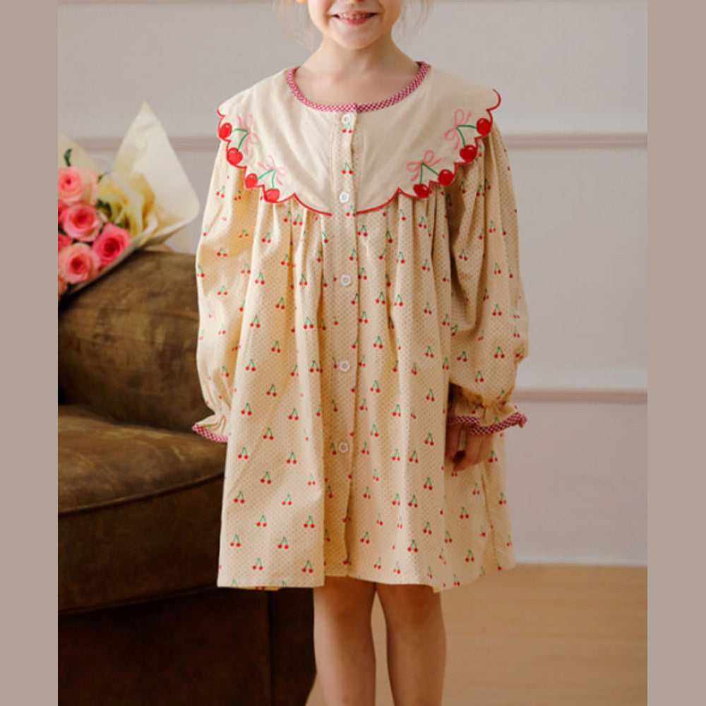 MyKids-USA® Girls Cherry Pattern Single Breasted Long Sleeves Dress with Embroidery Collar
