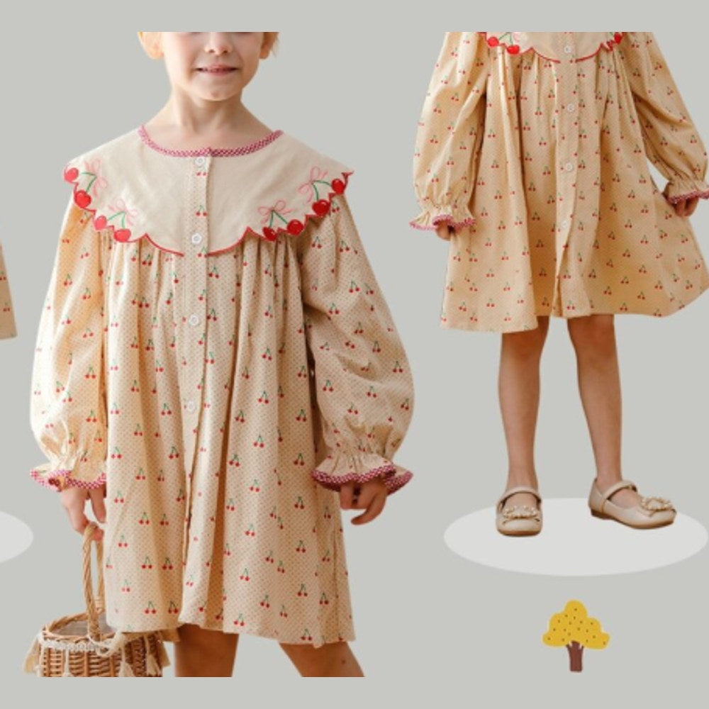 MyKids-USA® Girls Cherry Pattern Single Breasted Long Sleeves Dress with Embroidery Collar