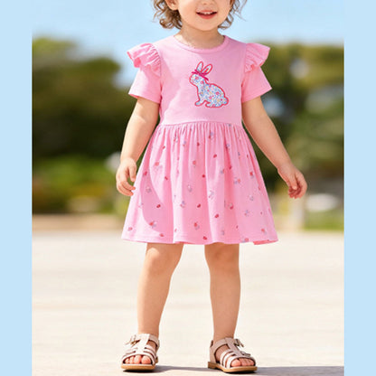 MyKids-USA® Animals Cartoon and Floral Pattern Short Sleeves Dress for Stylish Girls