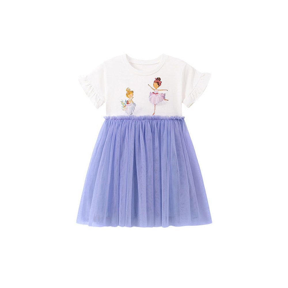 MyKids-USA® Baby Girls Cute Cartoon Pattern Short Sleeves Tulle Patchwork Dress