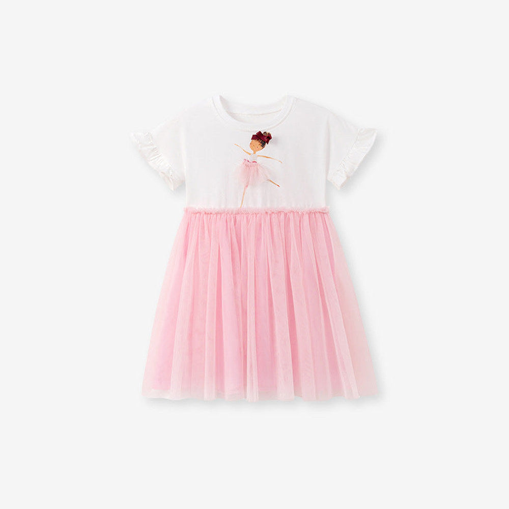 MyKids-USA® Baby Girls Cute Cartoon Pattern Short Sleeves Tulle Patchwork Dress