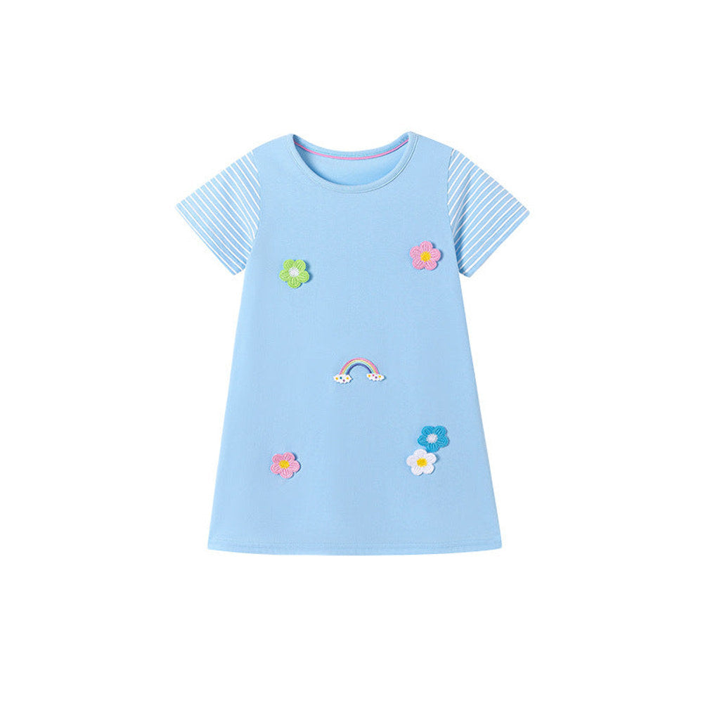 MyKids-USA® Flowers and Striped Pattern Short Sleeves Dress for Stylish Girls