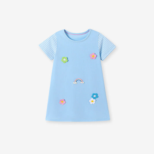 MyKids-USA® Summer Arrival Flowers and Striped Pattern Short Sleeves Dress for Stylish Girls