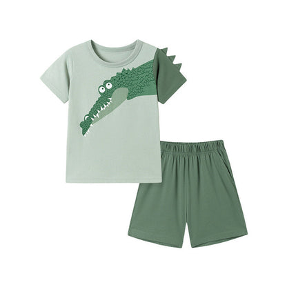 MyKids-USA® Summer Hot Selling Baby Kids Boys Short Sleeves Cartoon Pattern T-shirt and Plain Shorts Clothing Set