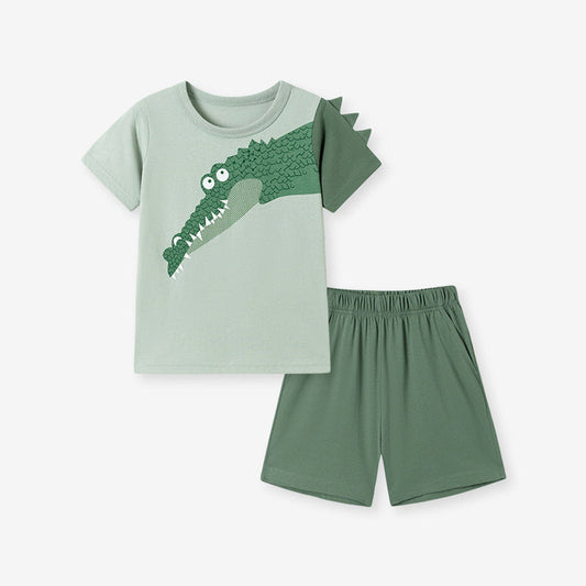 MyKids-USA® Summer Hot Selling Baby Kids Boys Short Sleeves Cartoon Pattern T-shirt and Plain Shorts Clothing Set