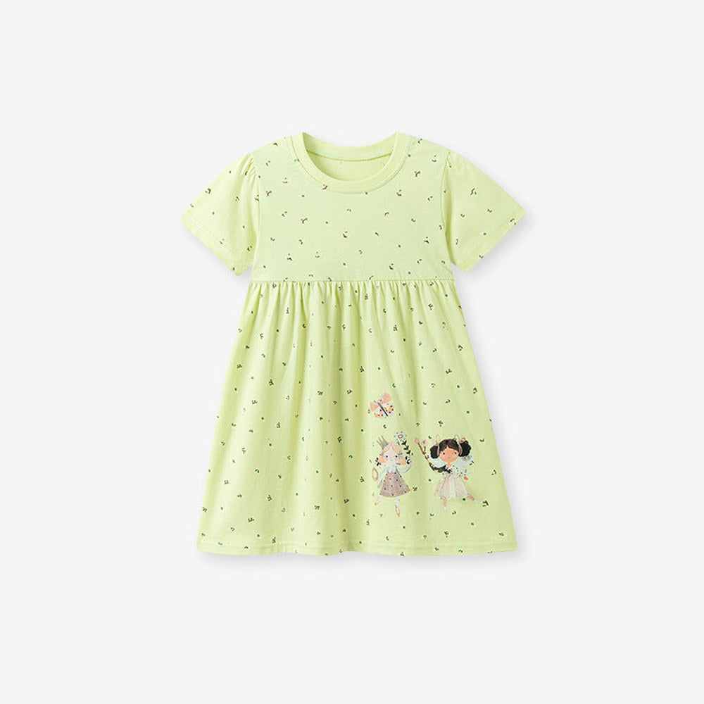 MyKids-USA® Cartoon and Flowers Pattern Short Sleeves Dress for Stylish Girls