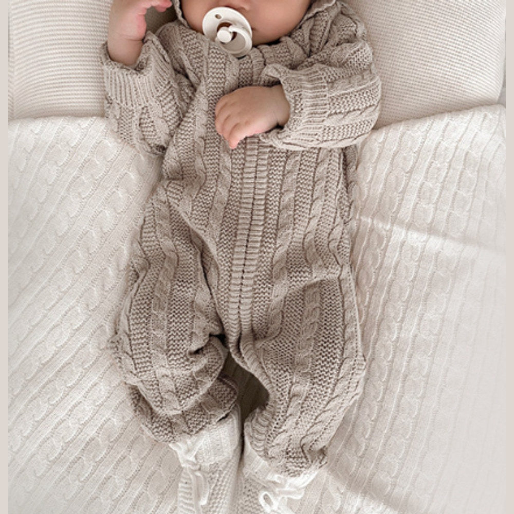 MyKids-USA® Baby Unisex Solid Color Jacquard Pattern Long Sleeves Hooded Rompers