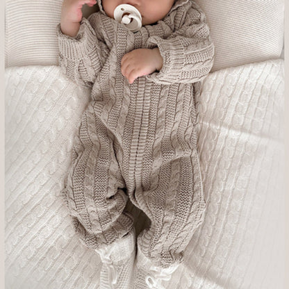 MyKids-USA® Baby Unisex Solid Color Jacquard Pattern Long Sleeves Hooded Rompers