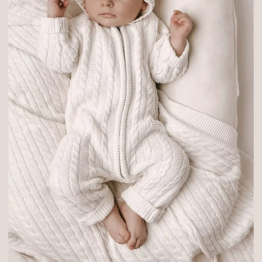 MyKids-USA® Baby Unisex Solid Color Jacquard Pattern Long Sleeves Hooded Rompers