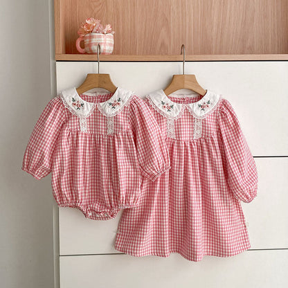 MyKids-USA® Plaid Pattern Baby Kids Girls Onesies and Dress – Princess Sister Matching Set
