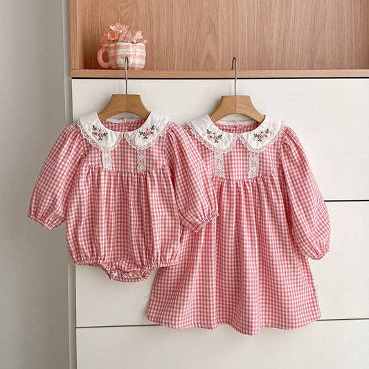 MyKids-USA® Arrival Spring and Autumn Plaid Pattern Baby Kids Girls Onesies and Dress – Princess Sister Matching Set