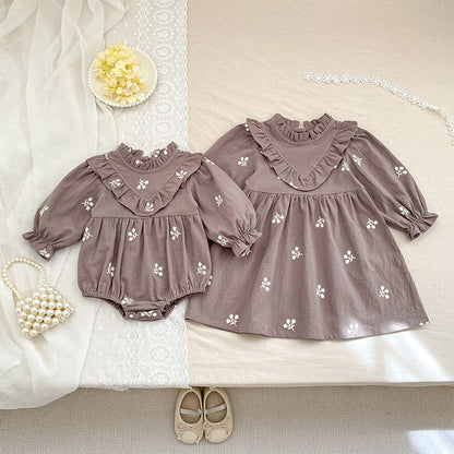 MyKids-USA® Arrival Spring and Autumn Flowers Embroidered Pattern Baby Kids Girls Onesies and Dress – Princess Sister Matching Set