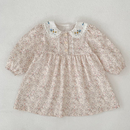 MyKids-USA® Arrival Spring and Autumn Flowers Pattern Baby Kids Girls Peter Pan Collar Onesies and Dress – Princess Sister Matching Set