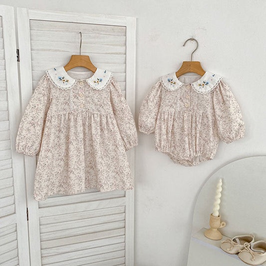MyKids-USA® Arrival Spring and Autumn Flowers Pattern Baby Kids Girls Peter Pan Collar Onesies and Dress – Princess Sister Matching Set