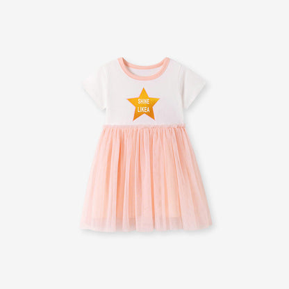 MyKids-USA® Letters and Star Pattern Short Sleeves Dress for Stylish Girls