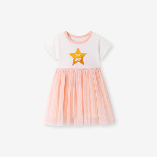 MyKids-USA® Summer Arrival Letters and Star Pattern Short Sleeves Dress for Stylish Girls