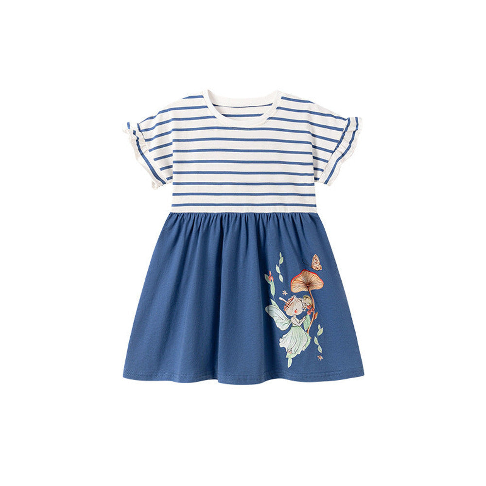 MyKids-USA® Cartoon and Striped Pattern Short Sleeves Dress for Stylish Girls
