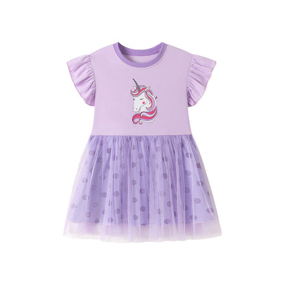 MyKids-USA® Cartoon and Polka Dots Pattern Fly Sleeves Dress for Stylish Girls