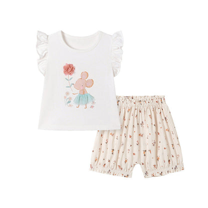 MyKids-USA® Baby Kids Girls Fly Sleeves Cartoon Pattern T-shirt and Floral Shorts Clothing Set