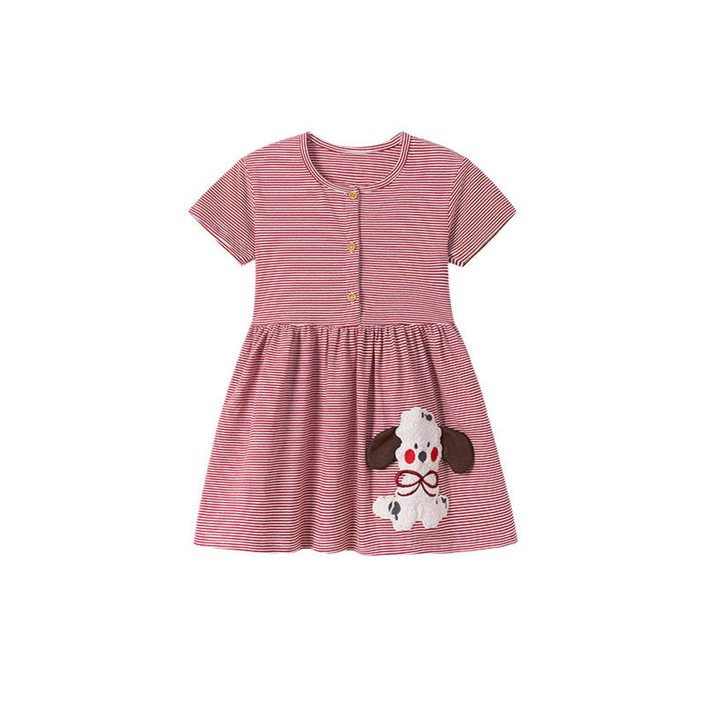 MyKids-USA® Puppy and Striped Pattern Short Sleeves Dress for Stylish Girls