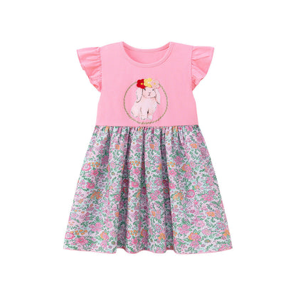 MyKids-USA® Animals Cartoon and Flowers Pattern Fly Sleeves Dress for Stylish Girls