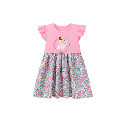 MyKids-USA® Animals Cartoon and Flowers Pattern Fly Sleeves Dress for Stylish Girls