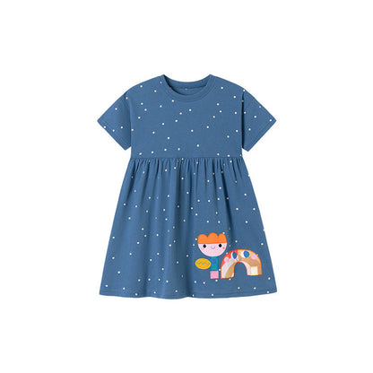 MyKids-USA® Dots and Cartoon Pattern Short Sleeves Dress for Stylish Girls