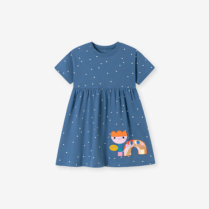 MyKids-USA® Dots and Cartoon Pattern Short Sleeves Dress for Stylish Girls